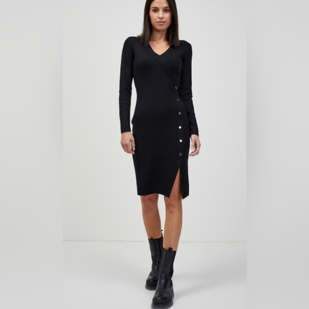 Orsay Black V-neck Long Sleeve Gold Buttons Accent Ribbed Knit Dress M
